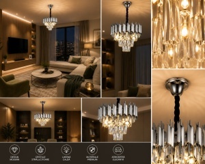 Candelabru Modern Cristale și Finisaj Argintiu - "Seravian" - Img 3