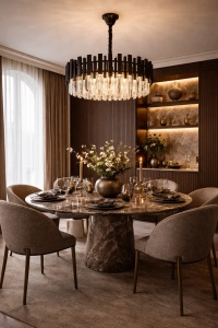 Lustră elegantă cu cristale și structură neagră, iluminat decorativ modern pentru dormitor