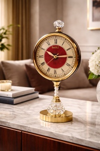 Ceas de masă elegant auriu cu bază cristal și cadran roșu decorativ