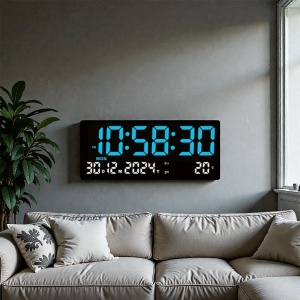 Ceas digital de birou cu afișaj LED mare, culoare albastra, oră, dată și temperatură, design modern pentru interior