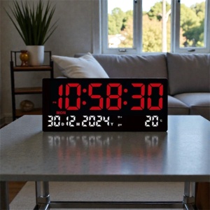 Ceas digital de birou cu afișaj LED mare, culoare rosu, oră, dată și temperatură, design modern pentru interior