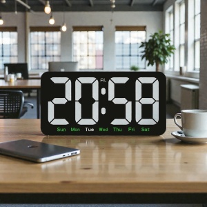 Ceas digital cu afișaj LED alb, ziua săptămânii și funcție alarmă, pentru perete sau masă, design modern.