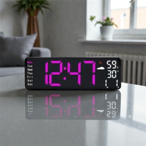 Ceas digital de birou cu afișaj LED mare, culoare mov, oră, dată și temperatură,umiditate design modern pentru interior