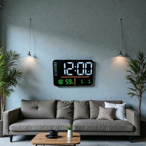 Ceas digital cu afișaj LED alb, Bluetooth, temperatură, umiditate și ziua săptămânii, design modern pentru interior