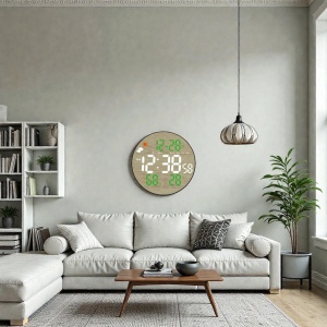Ceas digital rotund cu afișaj LED, efect lemn, temperatură, umiditate, dată și prognoză meteo, design modern pentru interior.