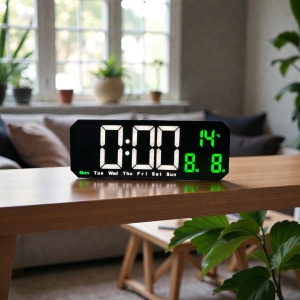Ceas digital cu afișaj LED și colțuri teșite, temperatură, dată și ziua săptămânii, design modern pentru interior