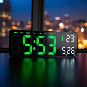 Ceas digital electronic cu afișaj LED verde, dată, temperatură și ziua săptămânii, ideal pentru birou