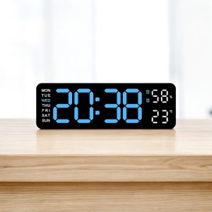 Ceas digital cu afișaj LED albastru, umiditate, temperatură și ziua săptămânii, pentru masă sau perete, design modern
