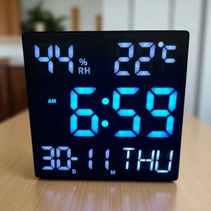 Ceas digital modern cu LED albastru, dată, ziua săptămânii, temperatură și umiditate, perfect pentru living sau birou