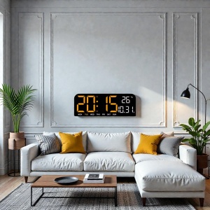 Ceas deșteptător digital modern cu afișaj portocaliu, dată, temperatură și calendar săptămâna