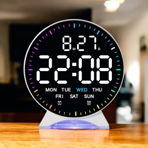 Ceas digital rotund cu afișaj LED multicolor, dată, ziua săptămânii și funcție alarmă, design modern pentru interior