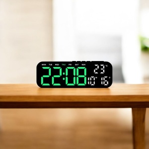 Ceas digital cu afișaj LED verde, temperatură, dată, ziua săptămânii și funcție alarmă, design modern pentru interior