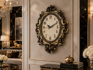Ceas de perete vintage cu rama ornamentala negru-auriu si design clasic elegant