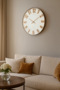 ceas alb minimalist cu cifre aurii reliefate, design modern