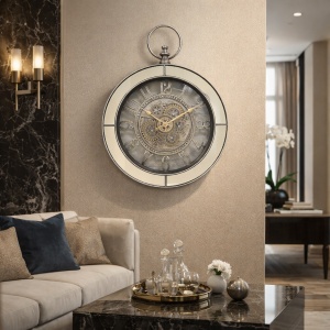 ceas de perete cu mecanism rotativ vizibil și ramă oglindită, design vintage elegant