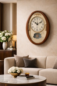 Ceas de perete oval vintage cu pendul decorativ, design clasic cu cadran mare și detalii elegante pentru decor interior