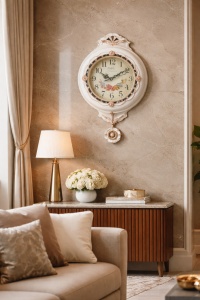Ceas de perete vintage cu pendul decorativ, design elegant cu detalii aurii și cadran floral, ideal pentru decor interior.