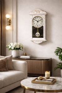 Ceas vintage cu ramă albă antichizată și pendul ornamental