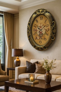 ceas de perete vintage cu ramă ovală aurie antichizată și cadran decorat cu buchet de flori în nuanțe pastel, design elegant în stil clasic