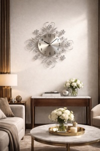 Ceas de perete decorativ cu design floral elegant, cifre arabe clare și elemente ornamentale strălucitoare, stil clasic modern