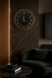 Ceas de perete rotund cu cadran negru și cifre aurii, ideal pentru living modern sau birou elegant