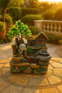fântână decorativă de interior cu pom și casă rustică
