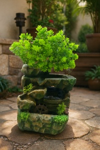 fântână feng shui decorativă cu pom verde și stâncă rustică