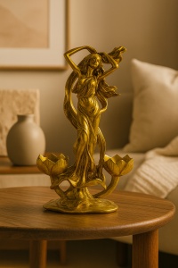 Statuetă artistică aurie, reprezentare feminină elegantă, suport dublu pentru lumânări decorative