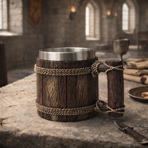 Cana decorativa stil butoi din lemn cu franghie, model rustic medieval