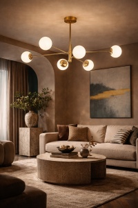 Lustră modernă aurie cu globuri opal suspendate, design minimalist pentru iluminat elegant în living sau dining