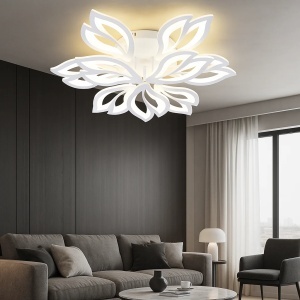 Lustră LED modernă albă, cu design floral suprapus și iluminare caldă difuză