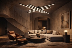 Lustră LED modernă cu bare luminoase suprapuse, design minimalist ideal pentru livinguri contemporane