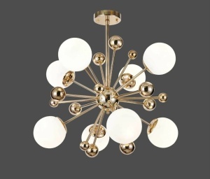 Candelabru modern tip sputnik cu globuri albe și structură metalică aurie