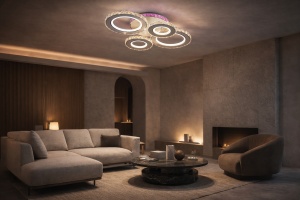 Lustră LED modernă cu inele luminoase și efect RGB, perfectă pentru un decor spectaculos și elegant