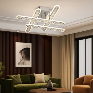 Lustră LED modernă cu bare luminoase și cristale acrilice, perfectă pentru un decor elegant și iluminat uniform în living sau dormitor
