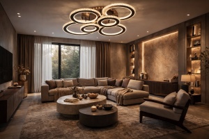 Lustră LED modernă cu cercuri luminoase și efect decorativ mov, perfectă pentru dormitoare contemporane