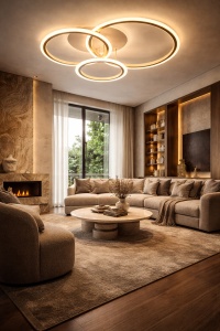 Lustră LED modernă cu design în cercuri împletite, ideală pentru dormitoare și livinguri elegante, oferind lumină uniformă și un aspect minimalist