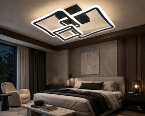 Lustră LED modernă cu rame pătrate interconectate și iluminare albă, într-un design geometric elegant
