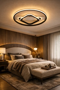 Plafonieră LED modernă cu design geometric oval și pătrat, lumină caldă și ramă neagră minimalistă