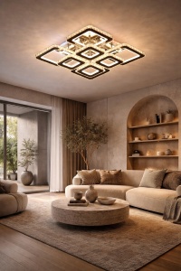 Lustră LED modernă cu rame pătrate cristaline și lumină RGB, ideală pentru un living elegant și contemporan