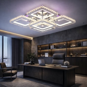 Lustră LED modernă cu rame pătrate cristaline și lumină RGB, ideală pentru un living elegant și contemporan