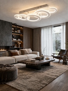 Lustră LED modernă albă cu cercuri concentrice, design geometric elegant și iluminare uniformă
