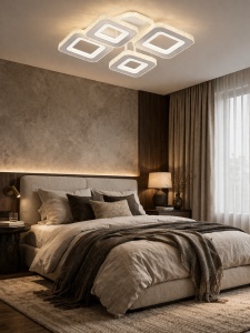 Lustră LED modernă cu mai multe rame pătrate suprapuse, cu lumină caldă difuză și design geometric elegant