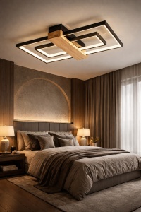 Plafonieră LED modernă cu forme geometrice și element din lemn, iluminat pentru interior