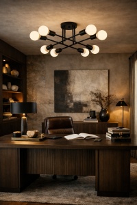 Lustră modernă neagră cu globuri luminoase opal, design geometric tip spider pentru iluminat decorativ în living contemporan