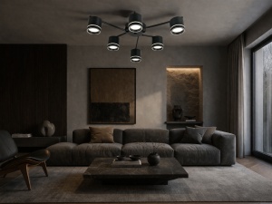 Plafonieră modernă cu spoturi LED orientabile, corp metalic negru și design geometric minimalist