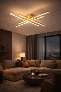 Lustră LED modernă aurie, cu bare luminoase încrucișate, ideală pentru un iluminat elegant și contemporan în living sau dormitor