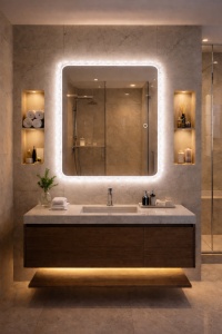 oglindă LED dreptunghiulară baie cu iluminare rece, caldă și neutră, montaj orizontal sau vertical, cu rama acrylic