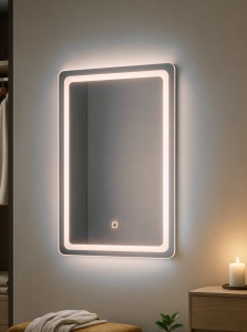 oglindă dreptunghiulară cu iluminare LED, montată pe perete, cu touch pentru controlul luminii, design modern și elegant pentru dormitor sau baie