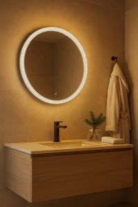 Oglindă rotundă de baie cu LED și ramă acrilică decorativă, iluminare rece, caldă și neutră cu touch control